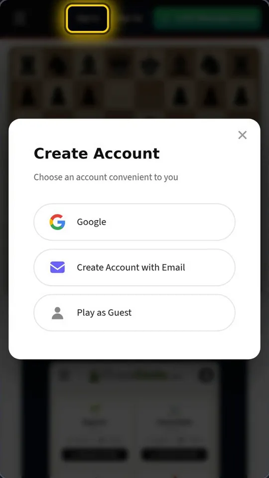 Create Account card with Google, Email and Play as Guest