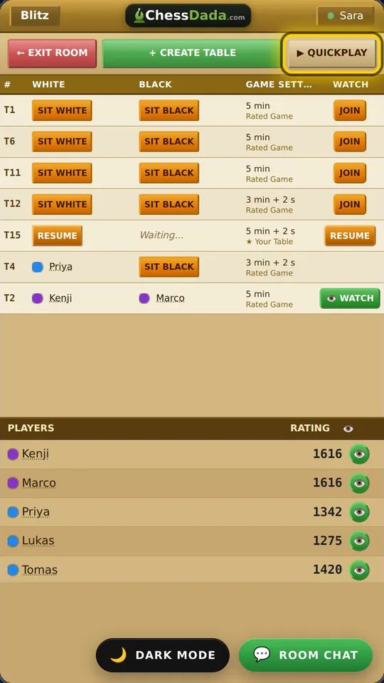 Room page with the table list, players and the Quick Play button