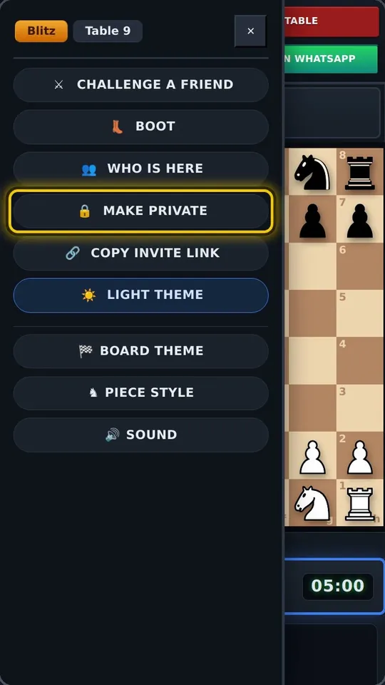 Table menu with Challenge a Friend, Boot, Who is Here and Make Private
